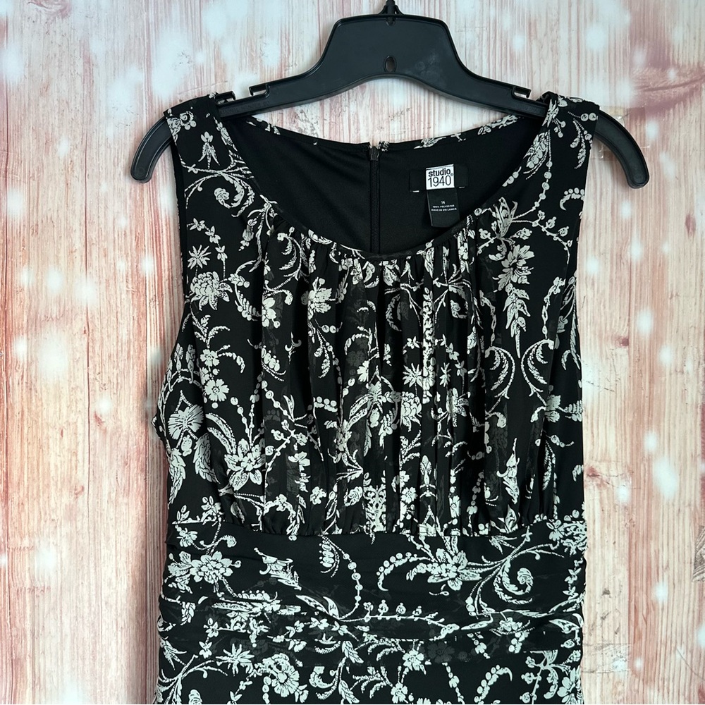 Studio 1940 Black Ruched Tie Waist White Floral Print Maxi Dress Size 14 - Picture 2 of 10